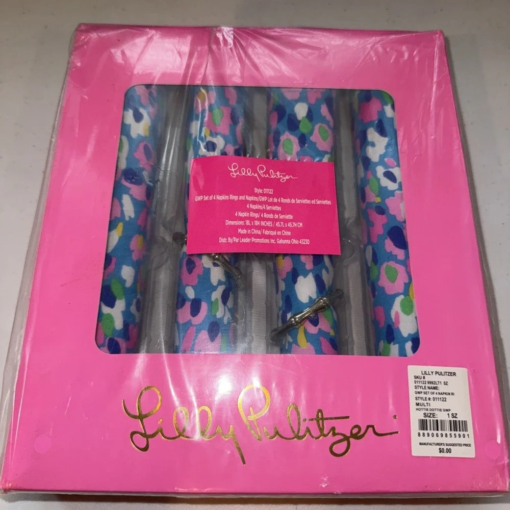 Lilly Pulitzer Hottie Dottie Napkin Set of 4 with Gold Bamboo Rings Floral Multi